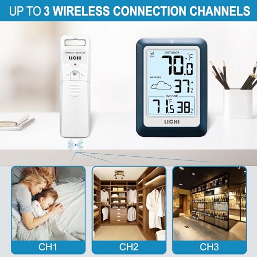Indoor Outdoor Thermometer Wireless Weather Station, Internal External Thermometer Hygrometer, Home Batteryoperated Temperature Humiditymonitors330 Feet (About 100 Meters) Backlight Display (Blue) - color: Blue