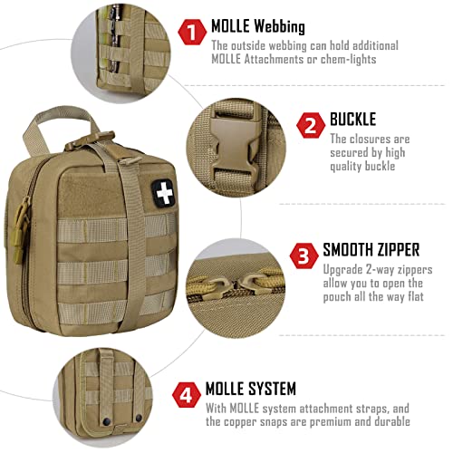 LIVANS 1000D First Aid Bag Empty, Medical Ifak Pouch for Emergency & EMT | Molle Compatible, Rip-Away & Quick-Release Design, Versatile for Tactical, Camping, Hiking and Travel - color: Khaki(7.1"l X 3.5"w X 8"h)