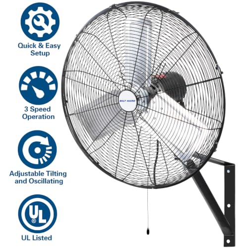 BILT HARD 24 in. 6500 CFM High Velocity Wall Fan, Industrial Wall Mount Oscillating Fan with 3 Speeds, Heavy Duty Shop Fan for Commercial, Garage, Warehouse, Workshops and Jobsites