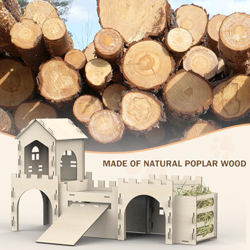 Large Bunny House and Hideouts, Wooden Dual-Layer Rabbit Castle with 4 House Indoor, Sturdy Habitat for Guinea Pig Chinchilla Ferret (Extra Large-4 House with Hay Feeder)