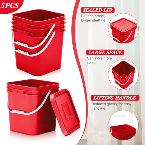 Mumufy 5 Pcs 3.5 Gallon Square Food Grade Bucket with Lid Square Bucket Pail Plastic Handles for Long Term Food Storage, Camping, Fishing, Home Organization Easy Stack and Store (Red) - color: Red