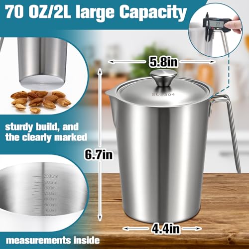 3 Pcs 70 oz Stainless Steel Pitcher with Lid (8 Cup, 2000 ML) | Metal Measuring Cup, Large Mouth Graduated Beakers with Handle, Milk Frothing Jug for Espresso, Latte Art, Hot/cold Water - size: 70 oz(8 Cup, 2000 ML)
