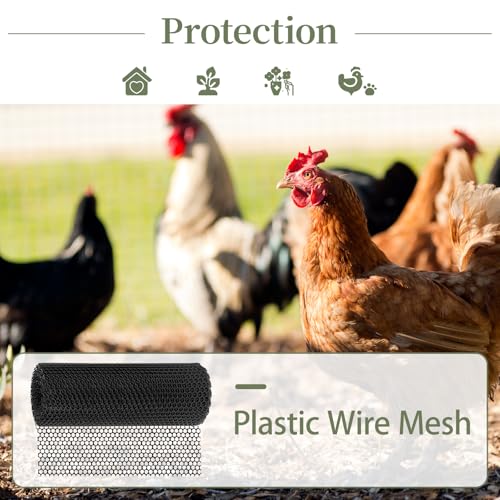 Plastic Chicken Mesh 1.3ft x 33ft (15.7" x 360") Chicken Fencing | Black Chicken Wire Mesh with Gloves Zip Ties Scissors Floral Chicken Wire Ideal for Poultry Fencing