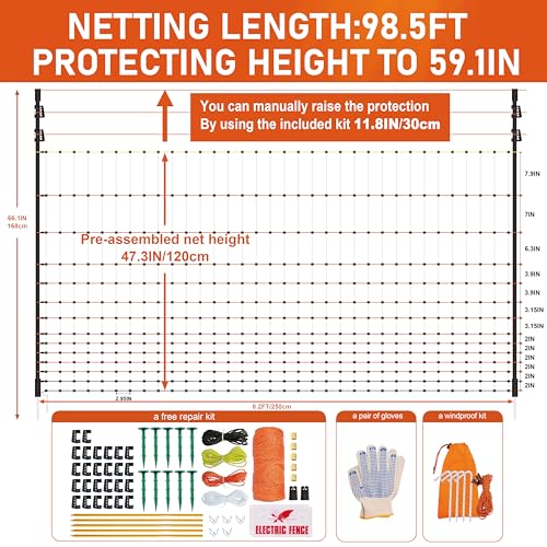 Poultry Electric Netting Fence - 47.3''H (can be Manually Raised to 59.1''H) x 98.5'L for Flying Chicken, Sheep, Goats in Farms, Ranches and Gardens, PK1 - style: (47.3 to 59.1)" x 98.5' - PK1