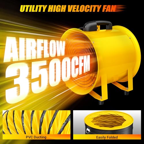 LDHTHOPI 12 Inch Blower Exhaust Fan, 3500CFM & 550W Portable Air Mover with 33ft Flexible Duct, Low-Noise Dust Extractor for Extraction and Ventilation, Yellow - color: Yellow-33