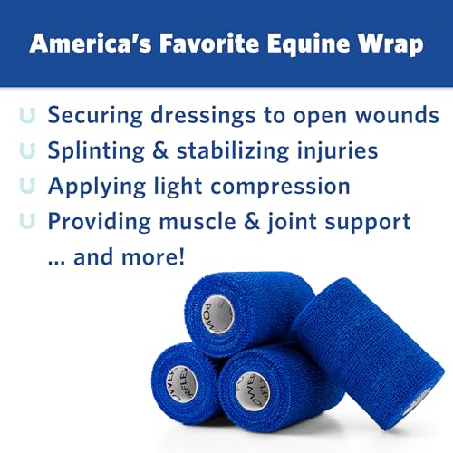 PowerFlex Equine – Extra Strong Self-Adhering Bandage Wrap – Wound Care, Compression & Support Bandage for Horses, Cows & Dogs – Blue, 4 inch, 4 Rolls (Resealable Case) - color: Blue