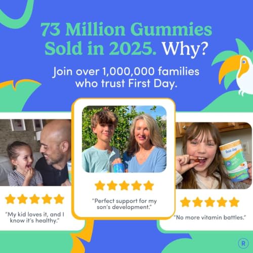 FIRST DAY Kids Multivitamin Gummies Age 4+, Strawberry & Orange - Kids Vitamins Multivitamin Gummy A C D3 K2 B1 B2 B6 B12 Folate, Immunity & Brain Function, Vegan - 60 Day Supply, Packaging May Vary