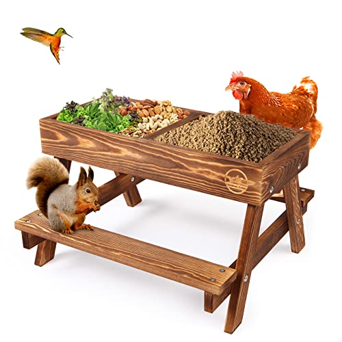 Chicken Table No Waste, Chicken Picnic Feeder Handmade Carbonized Wooden, Large DIY Chicken Feeder Kit, Wild Bird, Duck & Squirrel Feeders, Mesh Bottom Keep Food Fresh and Dry Easy to Clean and Fill - color: Carbonized Solid Wood