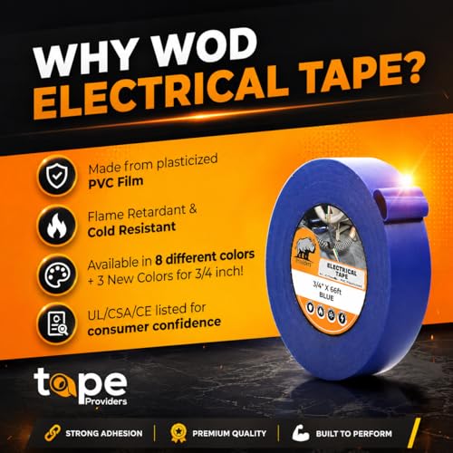 WOD Electrical Tape Yellow Professional Grade General Purpose UL/CSA Listed core. Vinyl Rubber Adhesive Electrical Tape: 1/2 inch X 66 ft - Use At No More Than 600V & 176F (Pack of 1) - color: Yellow, size: 1/2 Inch