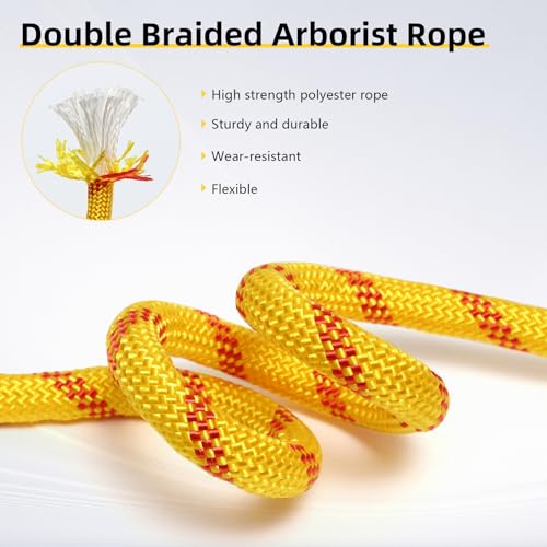 Arborist Rope, 1/2 Inch x 50 Feet Double Braided Climbing Rope Polyester for Outdoor, Climbing, Hiking, Swing, Tree Work, Halyard, Sailing（Yellow） - size: 1/2 Inch 50FT Yellow