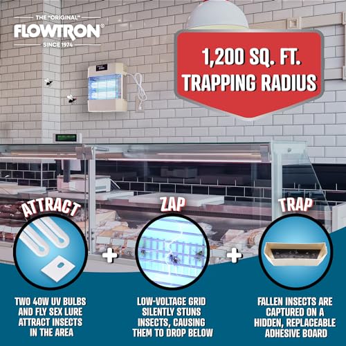 Flowtron Indoor Fly Stun Unit, 80W UV, Pheromone Lure, 1200 Sq Ft | Wall-mount fly trap for restaurants, barns, and kitchens; sticky board catches insects with no sound or smell.