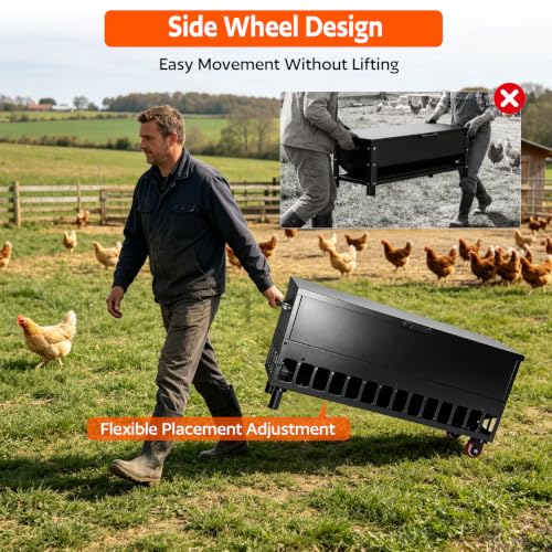 120LBS Heavy-Duty Galvanized Automatic No-Waste Chicken Feeder | 38 Ports Grille Gravity Feed Saving Design with Weather Resistant Lid & Side Wheels, Suitable for Hens, Ducks & Geese
