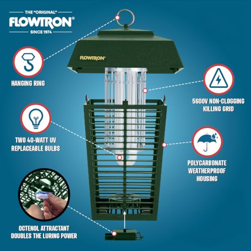 Flowtron Bug Zapper, 1.5 Acre Outdoor, Two 40W UV Bulb, 5600V Grid, Green | Protects yards and wooded areas - octenol lure attracts and helps eliminate mosquitoes, flies, and gnats - ETL certified - color: Green