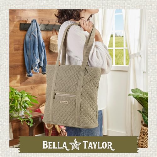 Bella Taylor Large Tote, Quilted Shoulder Bag for Women | Lightweight, 6-pocket large quilted purse, machine washable, zippered top, ultimate organization, durable construction - color: Khaki Chambray