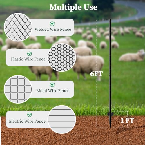 Metal Fence Posts 6 FT Black (Pack of 10) – Heavy Duty U Post for Wire Fencing, Rustproof Powder-Coated Steel Fence Stakes, No-Dig Fence Posts for Farm, Orchard, Yard & Temporary Fencing - color: Black, size: 6FT-10P