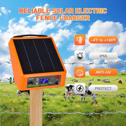 20 Miles Solar Electric Fence Charger, 0.3-2.0J Adjustable Output | Farms & Ranches, 6W Solar Panel, 18Ah Lithium Battery, 6-12KV 0.3-2.0J Adjustable Output, Day & Night Mode, IP55 Waterproof - color: Orange