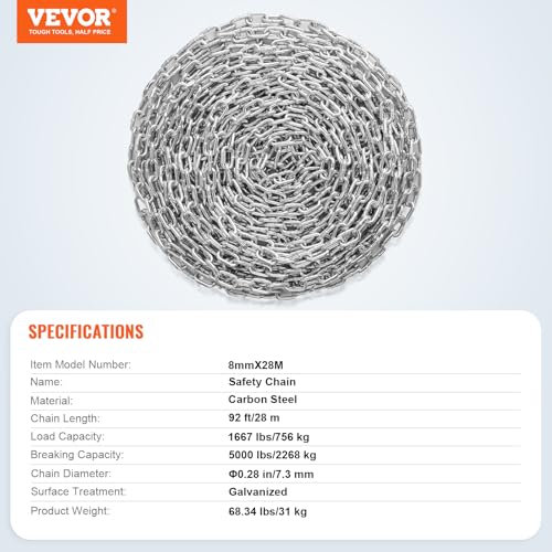 VEVOR Proof Coil Chain, 5/16" x 92', 1667 lbs Safe Working Load, Zinc Plated Proof Tested Coil Chain with Two Quick Links, Galvanized Carbon Steel Link Chain for Towing, Hanging, Camping, Pet Towing - size: 5/16 Inch x 92 Ft