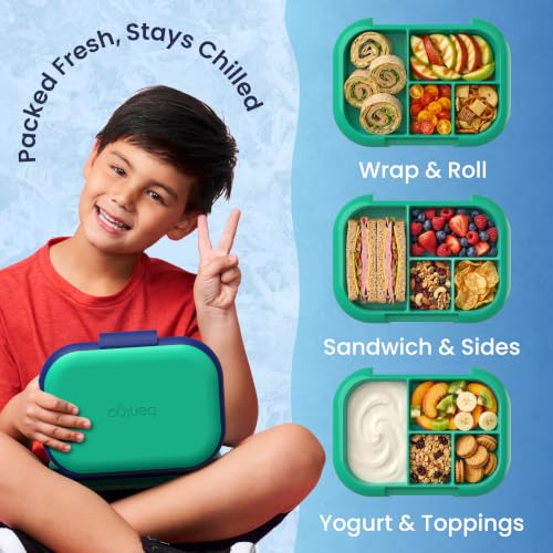 Bentgo Chill Kids 4-Compartment Bento Box Leakproof Lunch Box | Built-In Ice Pack, 3.3 Cup Capacity, BPA-Free, Microwave & Dishwasher Safe Tray, Ideal for Ages 3–7 (Green/Navy) - color: Green/Navy