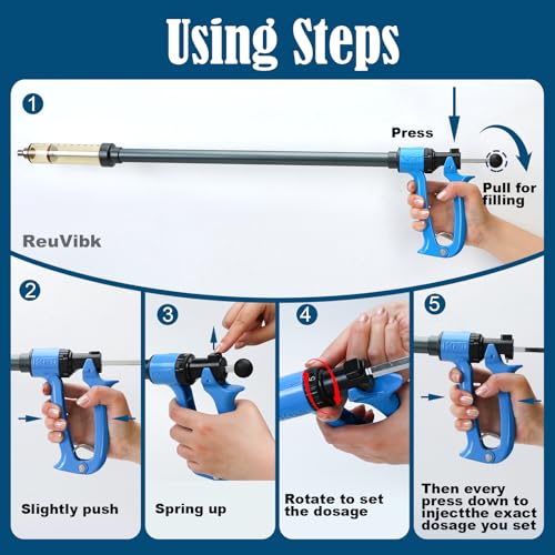 50ml Repeating Livestock Syringe Gun–Long Pole Veterinary Injector | with 5 Dose Settings, Ergonomic Grip, Clear Barrel & Luer Lock for Cattle, Horses, Goats, Sheep, Pigs - size: Blue Long Arm 50ML