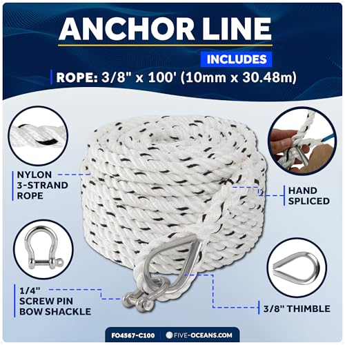 Five Oceans Anchor Line 3/8" x 100', Anchor Rope Line, Marine Premium 3-Strand White Nylon Boat Anchor Rope - Stainless Steel Thimble and Shackle, Ideal for Mooring Anchoring Towing - FO4567-C100 - style: 3/8 inch x 100 ft