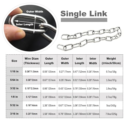 1/8 inch(3mm) Wire Diameter Stainless Steel Safety Small Chains 20 inch Long Link Rings Light Duty Coil Chain for Hanging Pulling Towing, 1/8"x 20" (2Pcs) - size: 1/8 inch x 20 inch