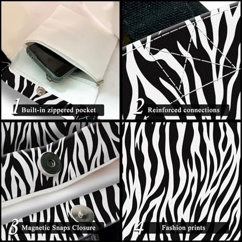 Canvas Tote Bag for Women，Cute Heavy-Duty Shoulder Bag with Zipper Pocket -Travel Tote for Grocery, Gym,Shopping - color: Zebra