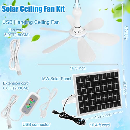 Tujoe 2 Set Solar Ceiling Fan Kit 16.5'', 15w Monocrystalline Solar Panel USB Ceiling Fan with Remote Control, Timer, Quiet Operation for Outside, Patio, Tent, Chicken Coop, Greenhouse, Shed, Camping
