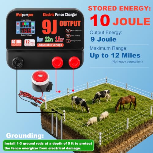 10 Joule Electric Fence Charger, Adjustable 9KV/12KV/15KV Output Voltage | 10 Joule Stored / 9 Joule Output Electric Fence Energizer, Range 12 Miles, 12V DC/100-240V AC Dual Power with Alarm