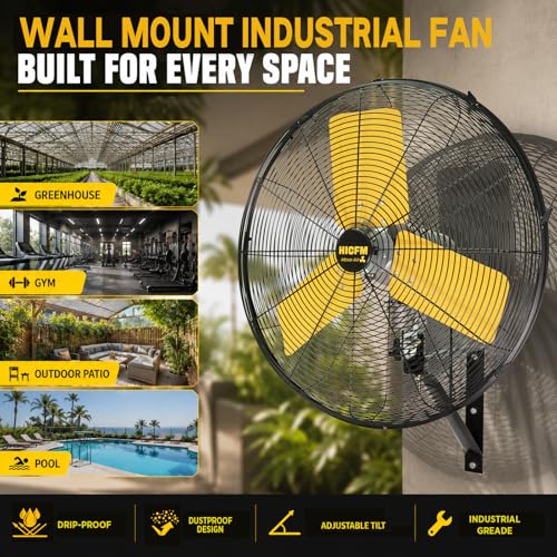 HiCFM 24” Outdoor Commercial Oscillation Wall Fan, 8300 CFM IP44 Waterproof, 3 Speed Heavy Duty Metal Wall Mounted Fan Adjustable Tilt for Patio, Warehouse, Garage, Factory
