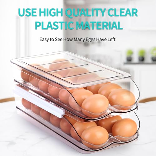 RoskDeewat Egg Holder for Fridge, Automatic Rolling Egg Container -1 Tier | Stackable Fridge Organizers and Storage with Lid, Sturdy Clear Plastic Egg Dispenser & Tray for Refrigerator - size: 1 Tier Holder 14 Eggs