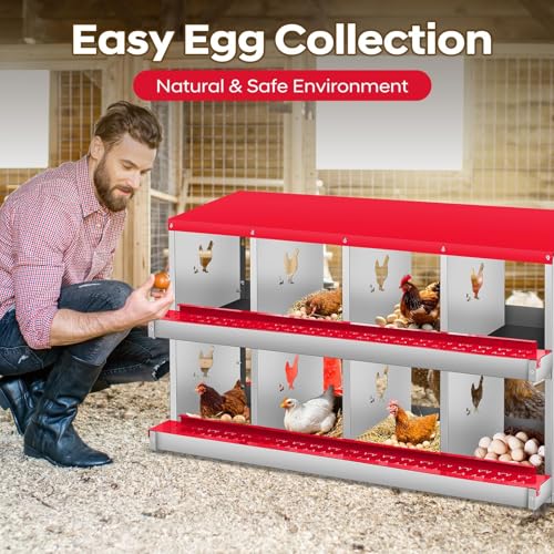 8-Compartment Chicken Nesting Box, Heavy Duty Galvanized Steel Poultry Nest Box, Wall Mount/Freestanding Design for Hens, Ducks, Backyard Homesteads & Farm Use, Red, 10 Mats &4 Eggs, No Stand - color: Red, size: 8 Room&Mat eggs
