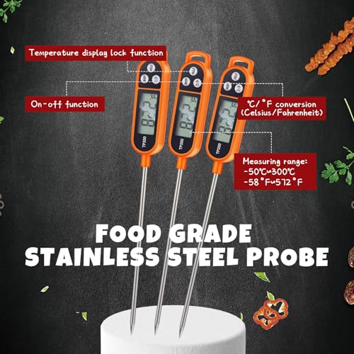 6 Pcs Instant Read Meat Thermometer Long Probe,Orange | Probe Waterproof Digital Thermometer, For Cooking BBQ Water Milk Liquids, Quick Accurate Food Temperature - color: Orange