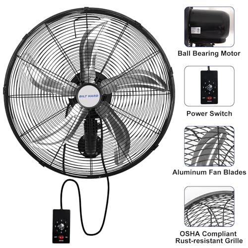 BILT HARD 20" Oscillating Wall Mount Fan, 3-Speed 5900 CFM High Velocity Wall Mounted Fan with Wired Remote, Heavy Duty Industrial Wall Fan for Commercial, Garage and Warehouse - size: 20 in.