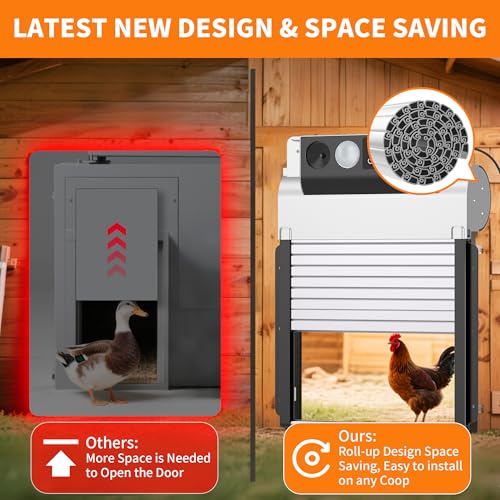 Automatic Chicken Coop Door, Solar Powered Roll-Up Chicken Door with Light Sensor, Timer & Manual Mode, 2000mAh Battery, Aluminum Frame, Anti-Pinch, for Chicken Coop Size:9''x8.3''