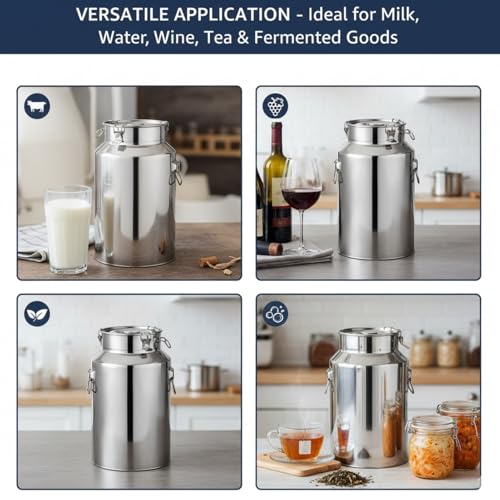 Stainless Steel Milk Can, 5L Milk Bucket with Sealed Lid Milk Jug Large Capacity Stainless Steel Bucket Metal Pail with Lid,Ice Buckets Tote Jug for Milk, Wine, Water, Gray