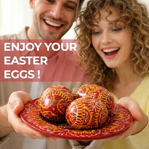LOVARE Red Vintage 2.0'' Hand Painted Wooden Ukrainian Easter Egg Ornaments (Pysanky) - Set of 3 Mini Chicken Eggs on Plates by QG Group