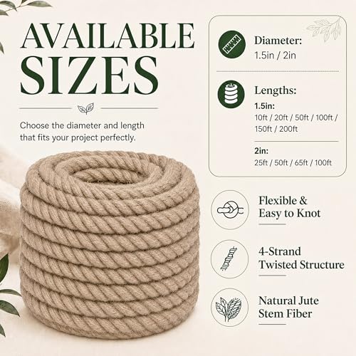 Natural Jute Hemp Rope (1.5 Inch x 100 Feet) Heavy Duty Manila Rope for Docks, Railings, Landscaping, Tug of War, Decorating - size: 1.5 Inch x 100 Feet