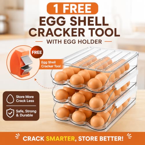 54 Egg Storage For Refrigerator With Egg Cracker Tool, Egg Dispenser For Refrigerator, Automatic Rolling Egg Holder For Fridge, BPA-Free Clear Egg Tray. - size: 3 Layers Holder 54 Eggs
