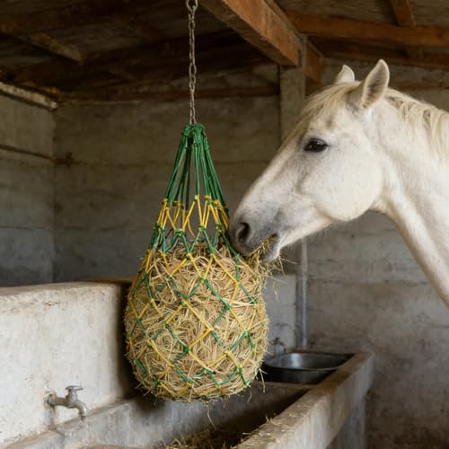 2PCS Slow Feed Hay Net for Horses, Heavy Duty Nylon Hanging Hay Bags, 40Inch Length with 2.36Inch Anti-Waste Hay Feeder for Goats Horses, Yellow Green