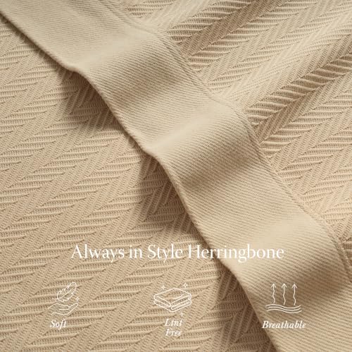 Threadmill Luxury Cotton Blankets for Queen Size Bed | All-Season 100% Cotton Queen Size Blanket | Herringbone Cozy, Soft Breathable Fall Thermal Blanket fits Full Size Bed, 90x92 | Beige | All-Season Thermal Blanket, Soft & Breathable, Cozy Moisture-Wick