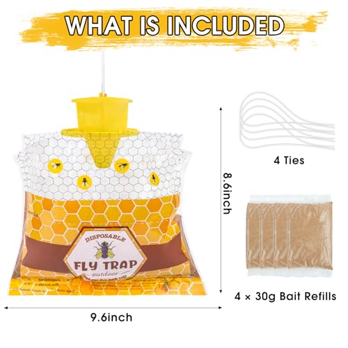 Disposable Hanging Fly Traps Outdoor Bags with Dissolvable Bait-4 Pack | 30g Pre-Baited Fly Hunter for Flying Insects, Weatherproof Outdoor Fly Bags, Fly Catcher for Chicken Coop Barn Ranch Farm - size: 4 Pack