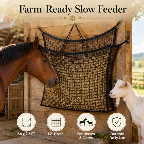 2.6x2.6 Ft Round Bale Hay Net for Horses & Goats, 1.2" Holes Slow Feeder Hay Nets with Hay Net Repair Tool - size: 2.6*2.6 FT