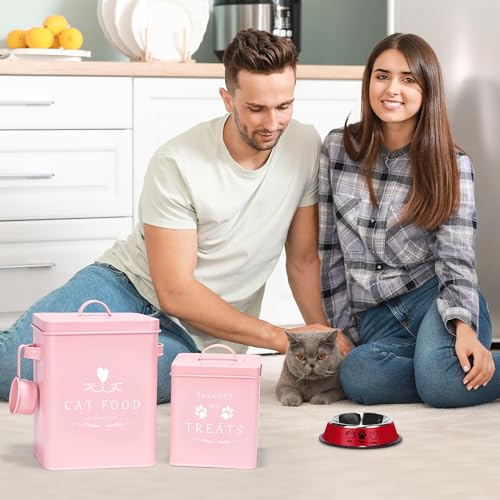 Meraki Home Farmhouse Cat Food and Treats Containers + Feed Scoop + Pet Food Bowl - Tight Lids - Large Metal Storage Bin - Great Gift for Cute Pets (Matte Pink) - color: Pink