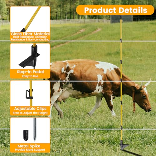 30 PCS Electric Fence Posts, 3/8" x 50" Step in Fence Post | 6 Wire Clips, Metal Ground Spikes, Easy Step-in Fiberglass Fence Posts for Temporary Electric Fencing, Farm Livestock, Garden - size: 50Inch-30PCS