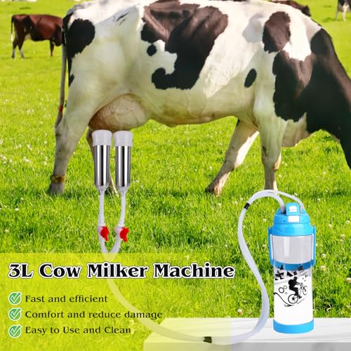 3l Electric Milking Machine for Cow| Pulsation Vacuum Pump| Save Labor | Portable Milker Machine Automatic Plug-in Speed Adjustable Milking Supplies with Milk Bucket, Tube, Brush for Farm Pasture