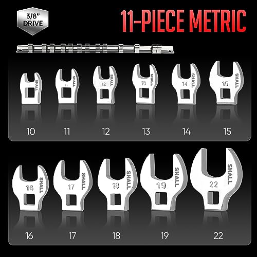 SHALL 3/8" Crows Foot Wrench Set, 11-Piece Metric Crowfoot Wrench Set with Clip-on Organizer, 10-22mm, Tools for Mechanics, Access Fasteners in Tight Spaces - size: 10 - 22 mm
