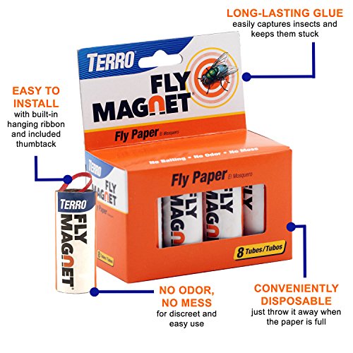 TERRO Fly Magnet 2-Pack, Sticky Fly Paper Traps | Indoor Hanging Ribbon Design, Traps Flies, Gnats, and Flying Insects, 16 Disposable Bug Traps, No Bait, No Odor, No Mess - size: 2 Pack