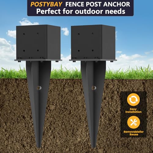 2 Pcs 22" Fence Post Anchor Ground Spike|Black Powder-Coated|6"x6" | Actual 5.6"x5.6" Heavy Duty Metal Fence Post Anchor for Deck| Fence| Porch| Railing| Mailbox - size: 2 Pcs, style: 6"x 6"