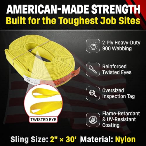 DD Sling (USA Made). Multiple Sizes in Listing! 2" x 30', 2 Ply Twisted Eye, Nylon Lifting Slings, Eye & Eye, 6,400 lbs Vertical, 5,100 Choker, 12,800 Basket Load (2inX30ft) - size: 2 in x 30 ft