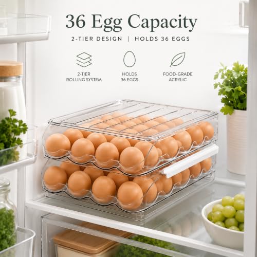 36 Egg Dispenser For Refrigerator, Egg Tray For Refrigerator, Automatic Rolling Egg Holder For Fridge, BPA-Free Clear Egg Tray. - size: 2 Layers Holder 36 Eggs